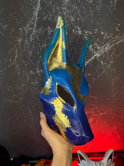 Anubis Mask Art Blue And Gold Wolf Jackal Ankh